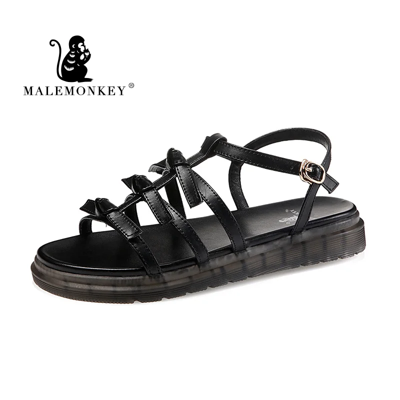 

MALEMONKEY 023127 Ladies New Fashion Sandals 2020 Summer PU Leather Flat Sandals Open Toe Fashion Sexy Woman's Sandals Black