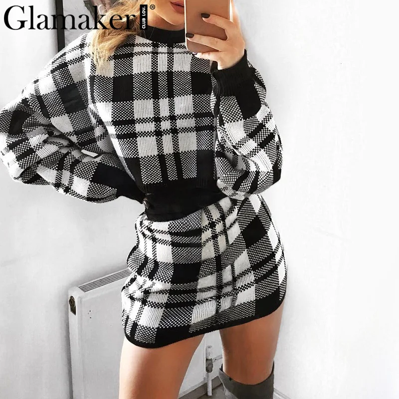 Glamaker, клетчатый вязаный костюм из двух частей, сексуальное осеннее платье, женское Элегантное зимнее платье-свитер, сексуальные женские модные вечерние короткие платья