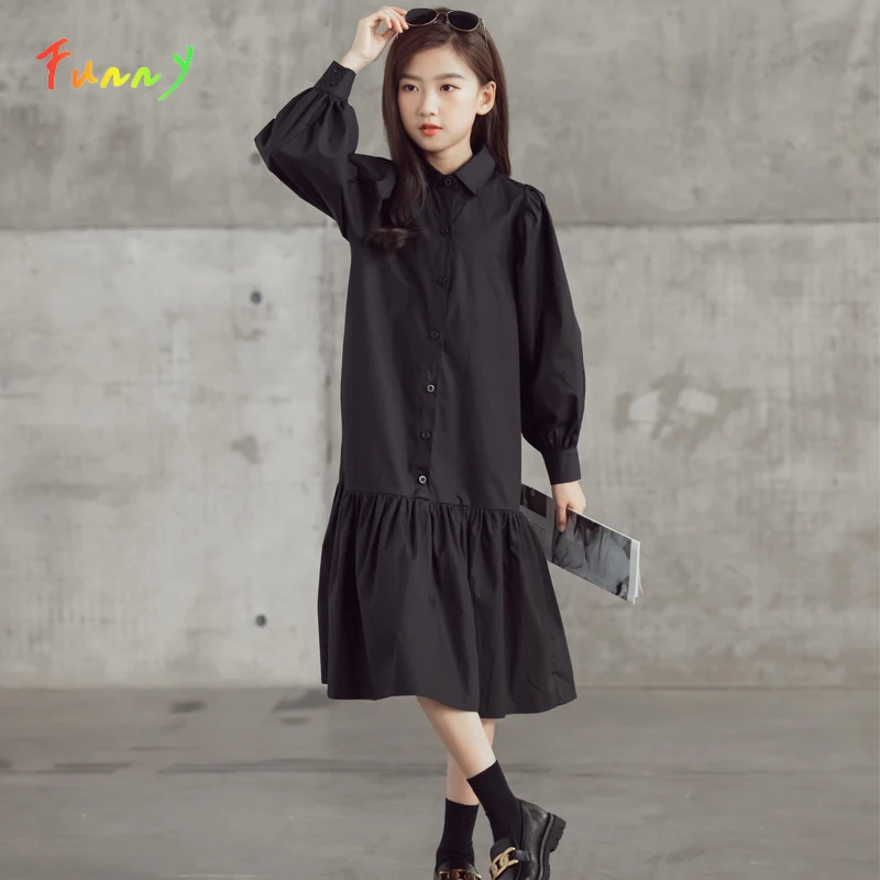 

6 To 16 Years Black Shirt Dress Kids Spring Autumn Clothes Long Sleeve Casual Cotton Girls Flare Midi Dresses Children Costume