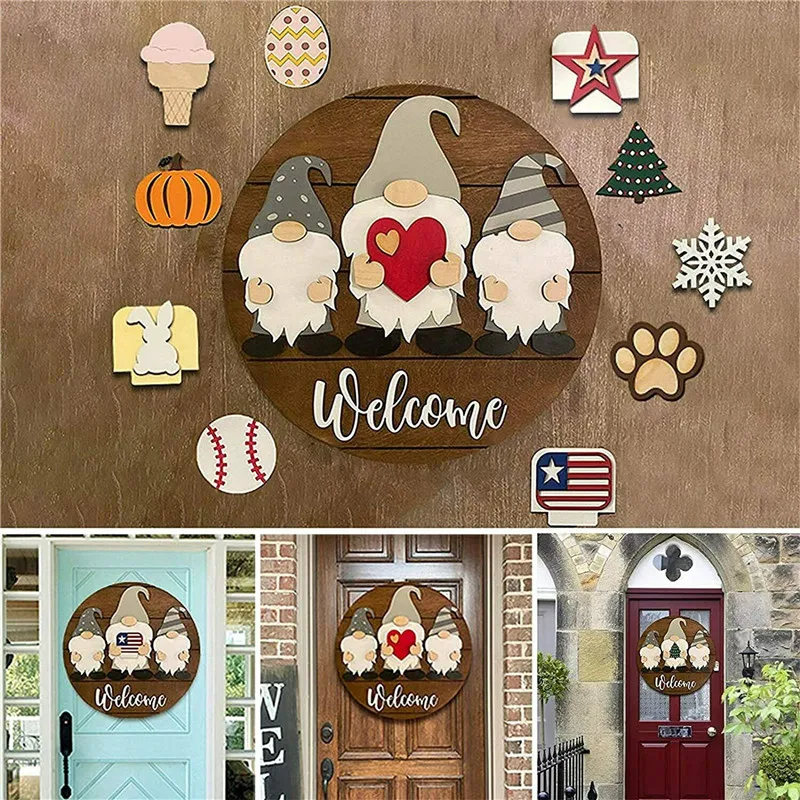 

New Arrival Triple Gnome Interchangeable All Season Welcome Sign Rustic Farmhouse Door Hanger for Home Porch Decor