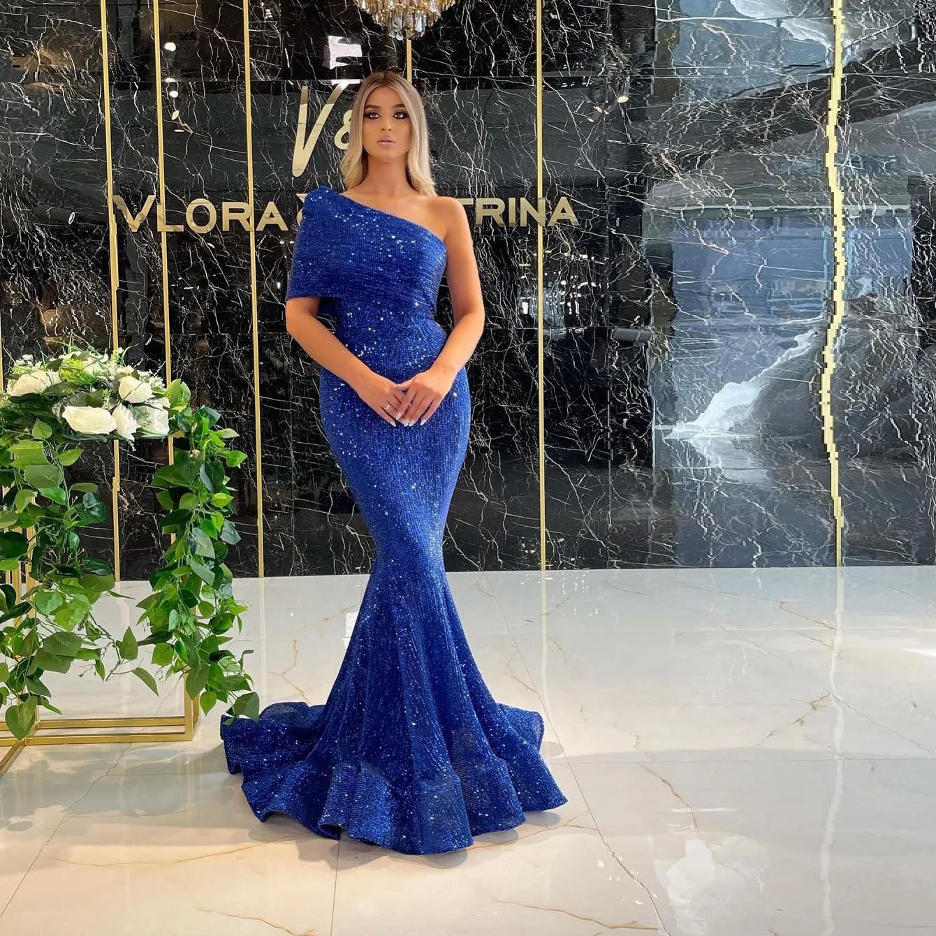Blue Elegant Mermaid Long Evening Dresses One Shoulder Sequins Sparkly Women Formal Party Prom Pageant Gowns Plus Size Custom