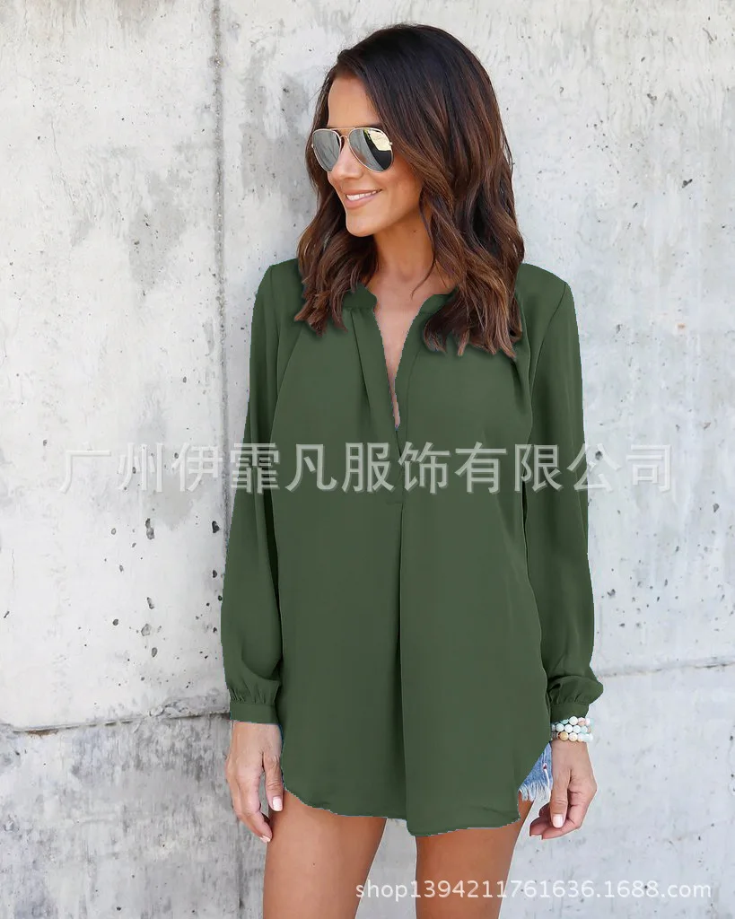 

Donsignet Fashion Women Blouse New Summer Casual V-neck Pullover Pure Color Pleated Loose Plus Size Long Sleeve Chiffon Blouse