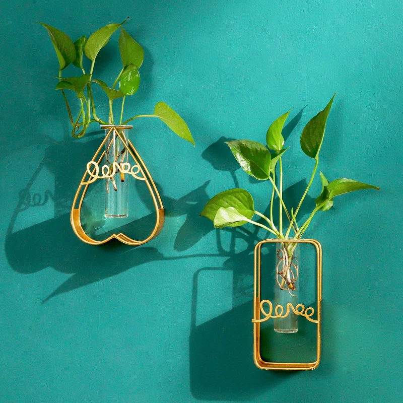 

Modern Iron Golden Hydroponic Glass Vase Wall Holder Flowerpot Home Decoration Creative Metal Geometric Living Room Wall Vase