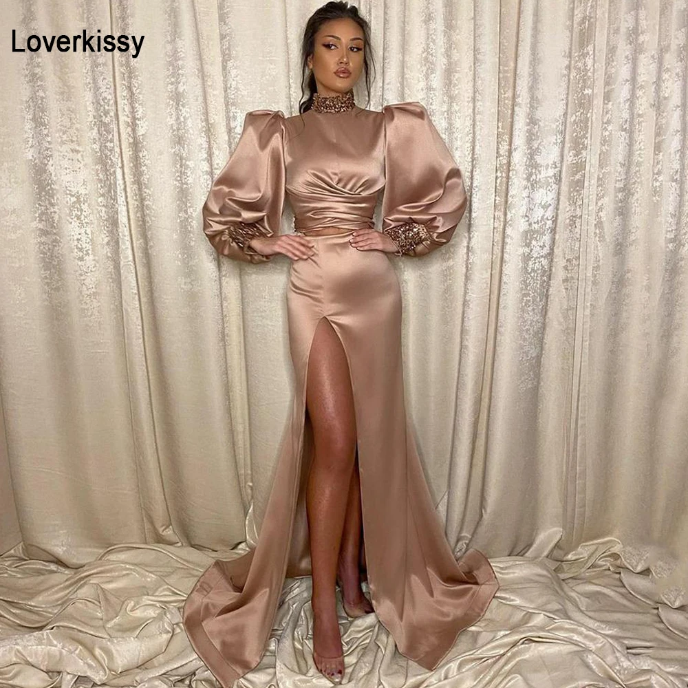 

Loverkissy Vintage High Collar Prom Dresses Mermaid Beaded Puffy Long Sleeves Cocktail Party Formal Evening Gown With Side Split