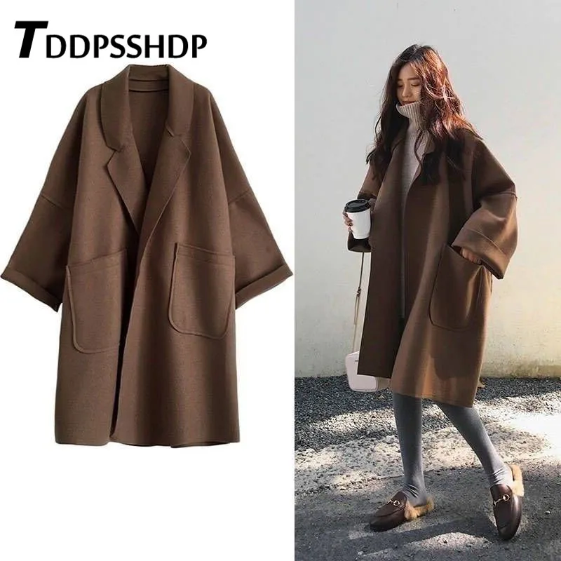 Модное свободное шерстяное весеннее пальто большого размера длинное стильное