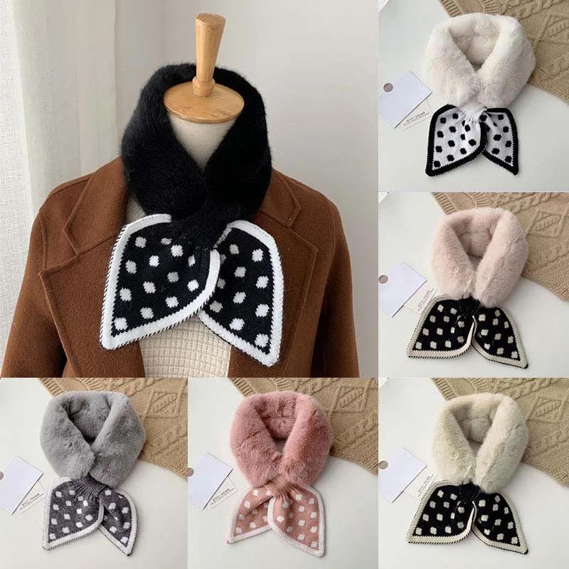 

2021 New Plush Scarf Love Heart Dot Printed Knitted Scarf Cross Small Neckerchief Female Faux Rabbit Fur Neck Collar Scarves