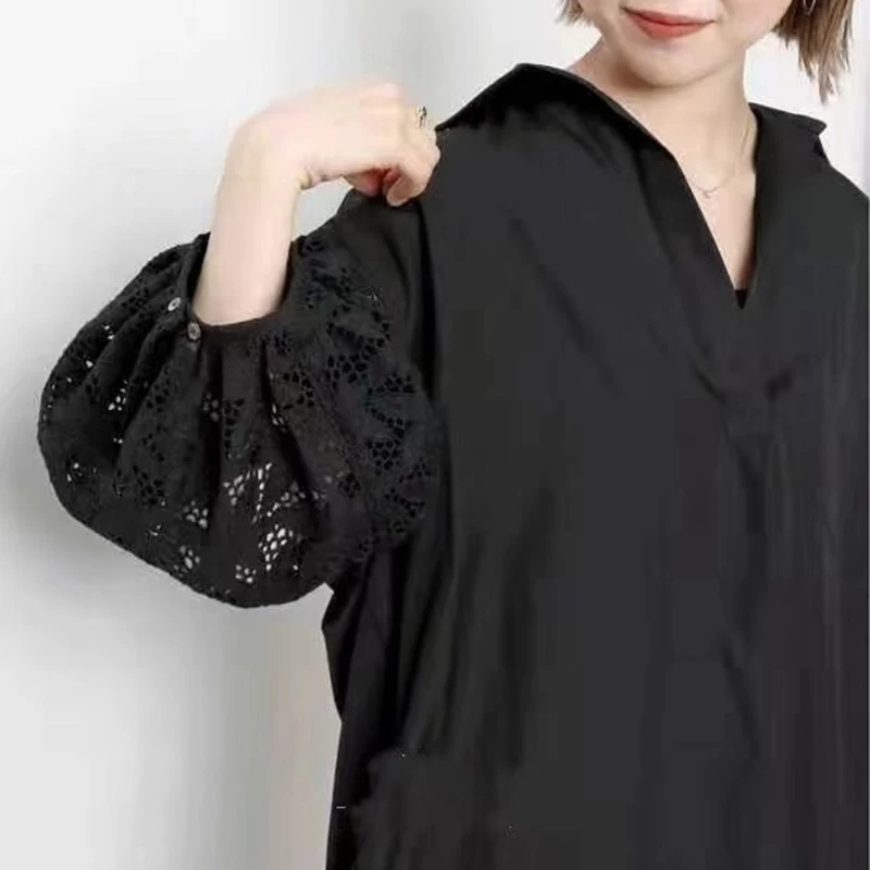 

CHICEVER Casual Shirts For Women Lapel Three Quarter Sleeve Loose Patchwork Lace Side Split Blouses Female 2021 Spring Clothing