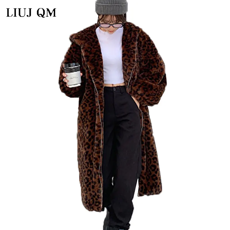2022 New Hooded Leopard Coat Winter Parka Women Faux Fur Coat Loose Large Size Thick Warm Zipper Fur Overcoat Women Long Jackets