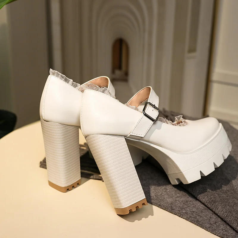 

Lace-Trimmed Ultra-High Thick Heel Metal Buckle Pumps High Waterproof Platform Spring 2021 Sweet Ladies High Heels