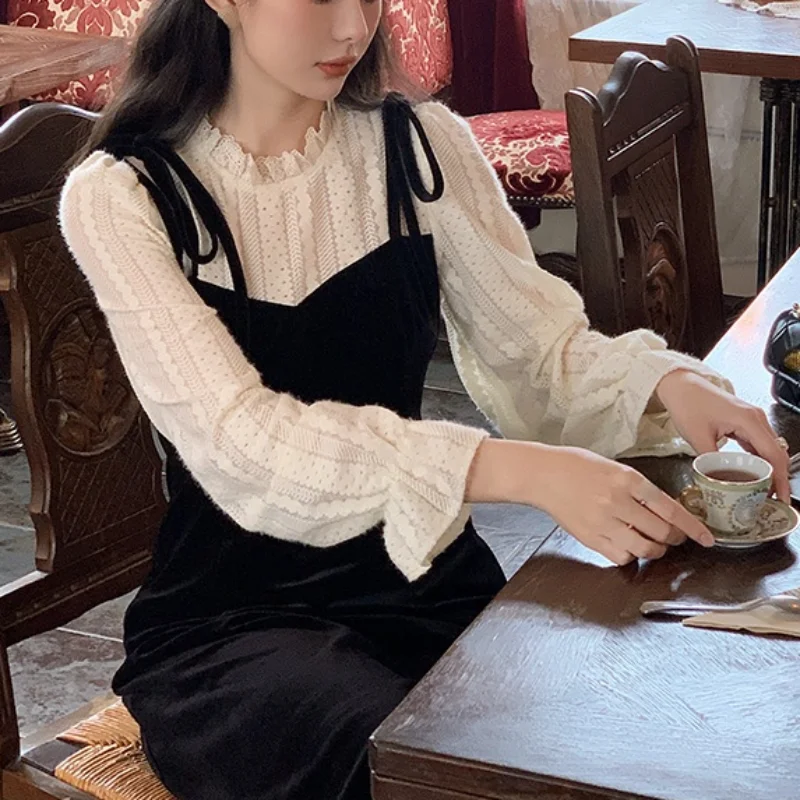 

French Black Velvet Dress Women Long Sleeve Lace Y2k Midi Dress Vintage Evening Party One Piece Dress Korean Fahsion 2021 Winter