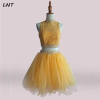 high neck gold short two pieces homecoming dresses with keyhole back knee length short prom gown