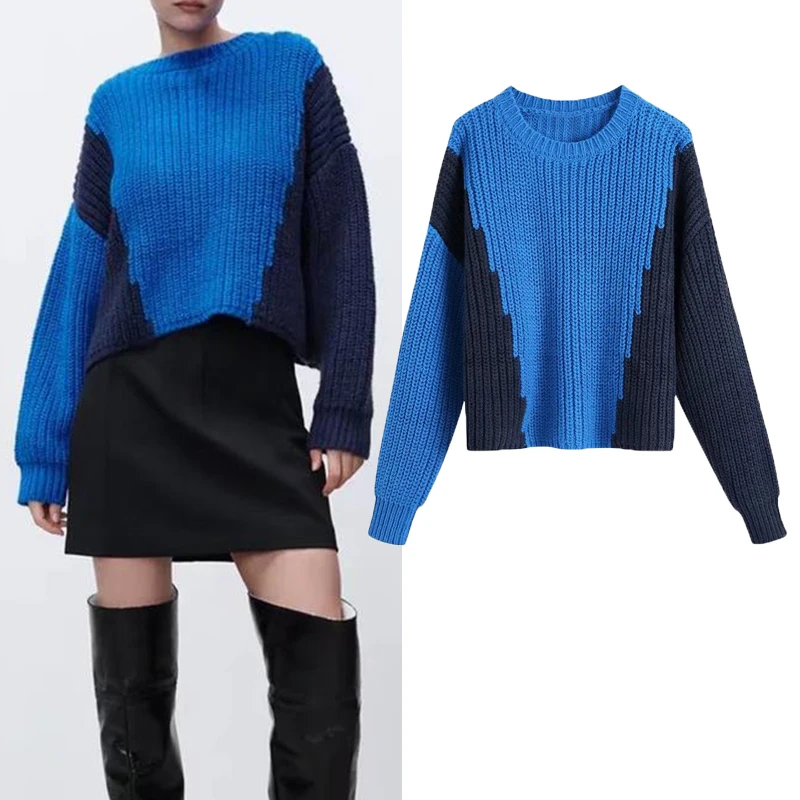 

Sweater Pullover 2022 New Fashion Loose Stitching O-neck Women Sweater Elegant Chic Street Fashion Youth Spring Sweater