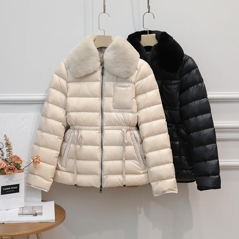 

Winter Ultra Light 90% Duck Down Jacket Women Large Natural Rabbit's Hair White Duck Down Parka Sash Tie Up Warm Coats