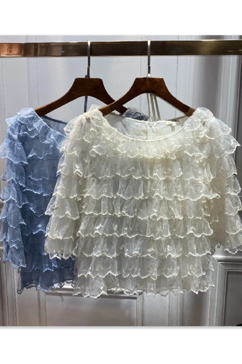 

Europe Station 2021 Summer New Embroidery Layer by Layer Ruffle Stitching Round Neck Women's Solid Color Clothes