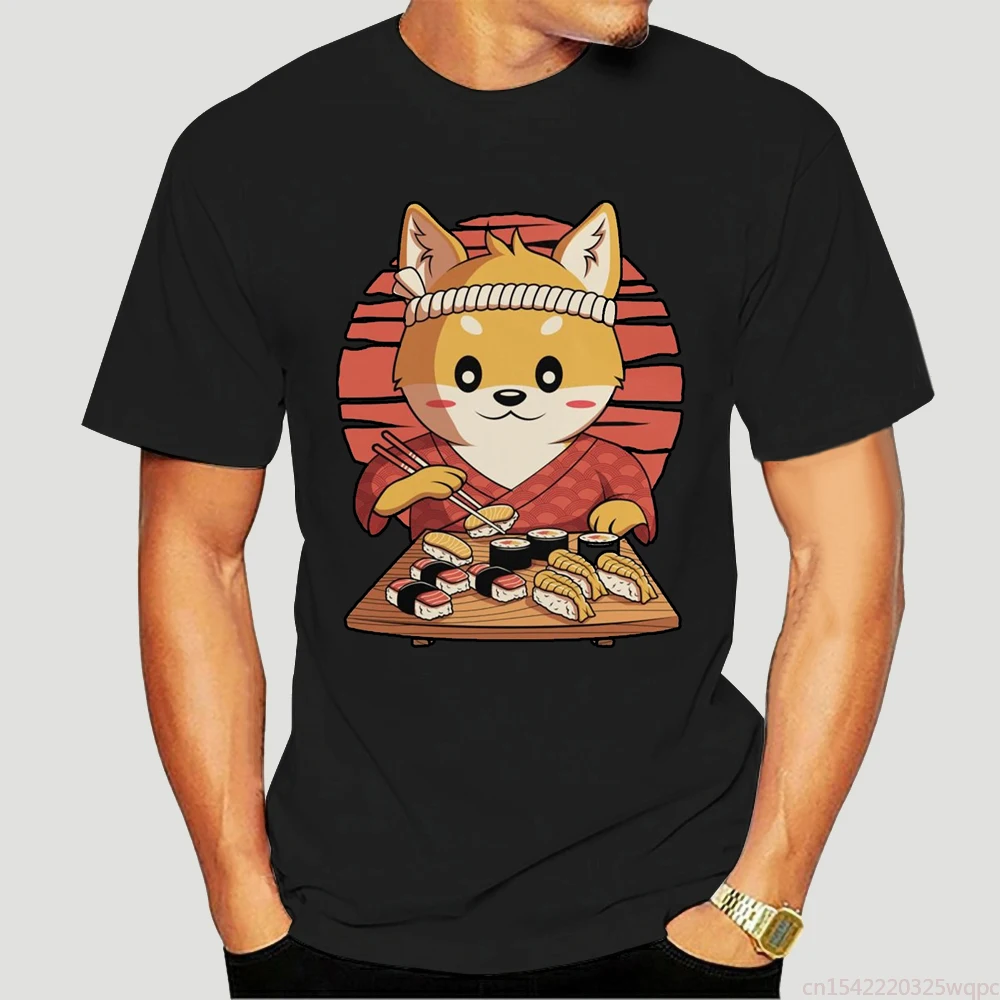 

Kawaii Shiba Inu Dog T Shirt Men Cotton Graphic T-shirt Short Sleeved Funny Eating Sushi Tshirt Anime