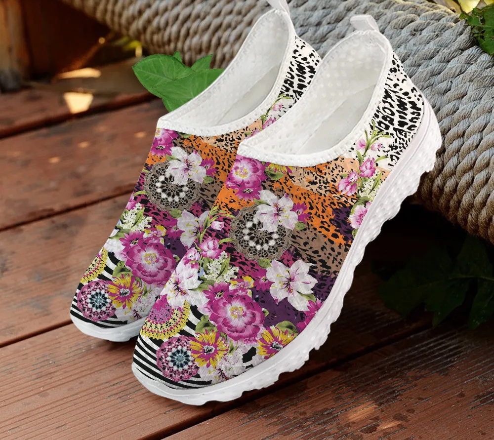 

INSTANTARTS Fashion Ladies Mesh Flats Shoes Floral Leopard Pattern Women Slip-on Shoes Breathable Casual Sneakers Loafers Shoes