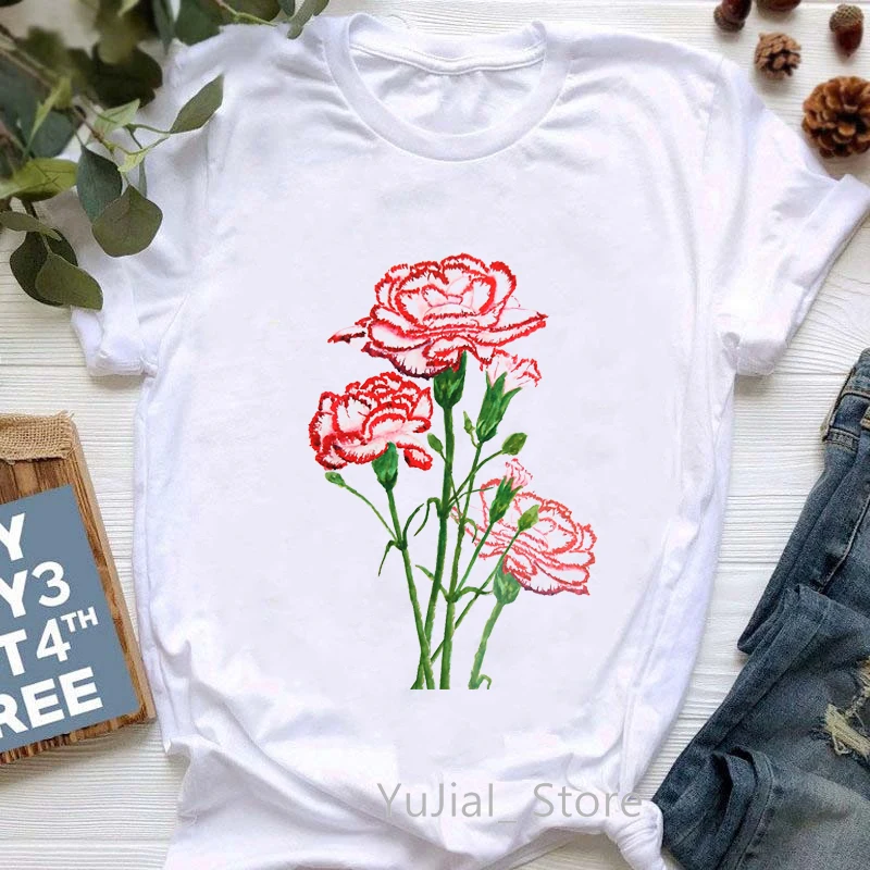 

Red And Pink Carnation Watercolor Painting Print Tshirts Women Korean Style Clothes Funny T Shirt White Casual T-Shirt