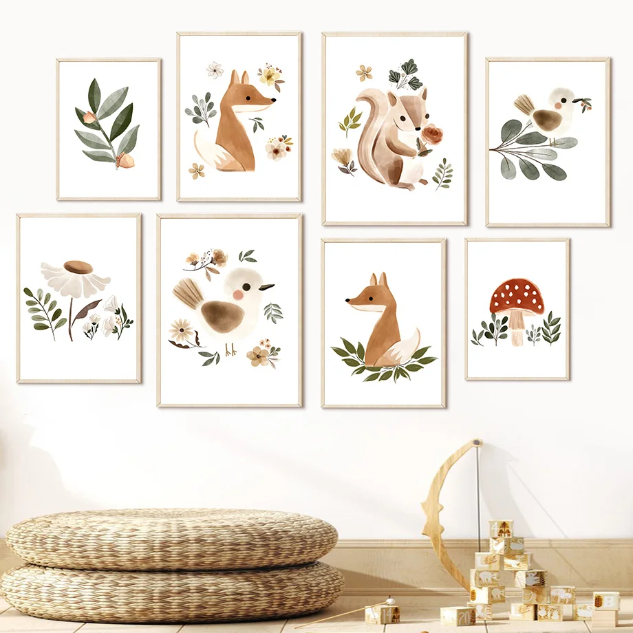 

Squirrel Fox Bird Flower Plant Mushroom Nursery Wall Art Canvas Painting Nordic Posters And Prints Wall Pictures Kids Room Decor