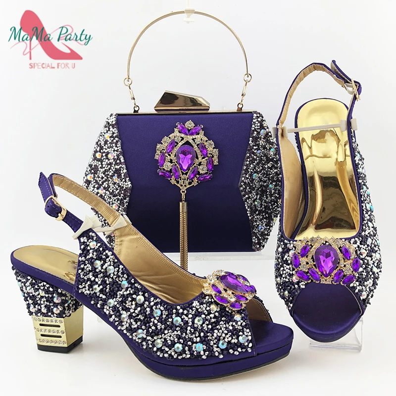 

Latest New Coming African Lady Shoes And Bag Set Italian Design Decorate with Rhinestone for Party in Silver