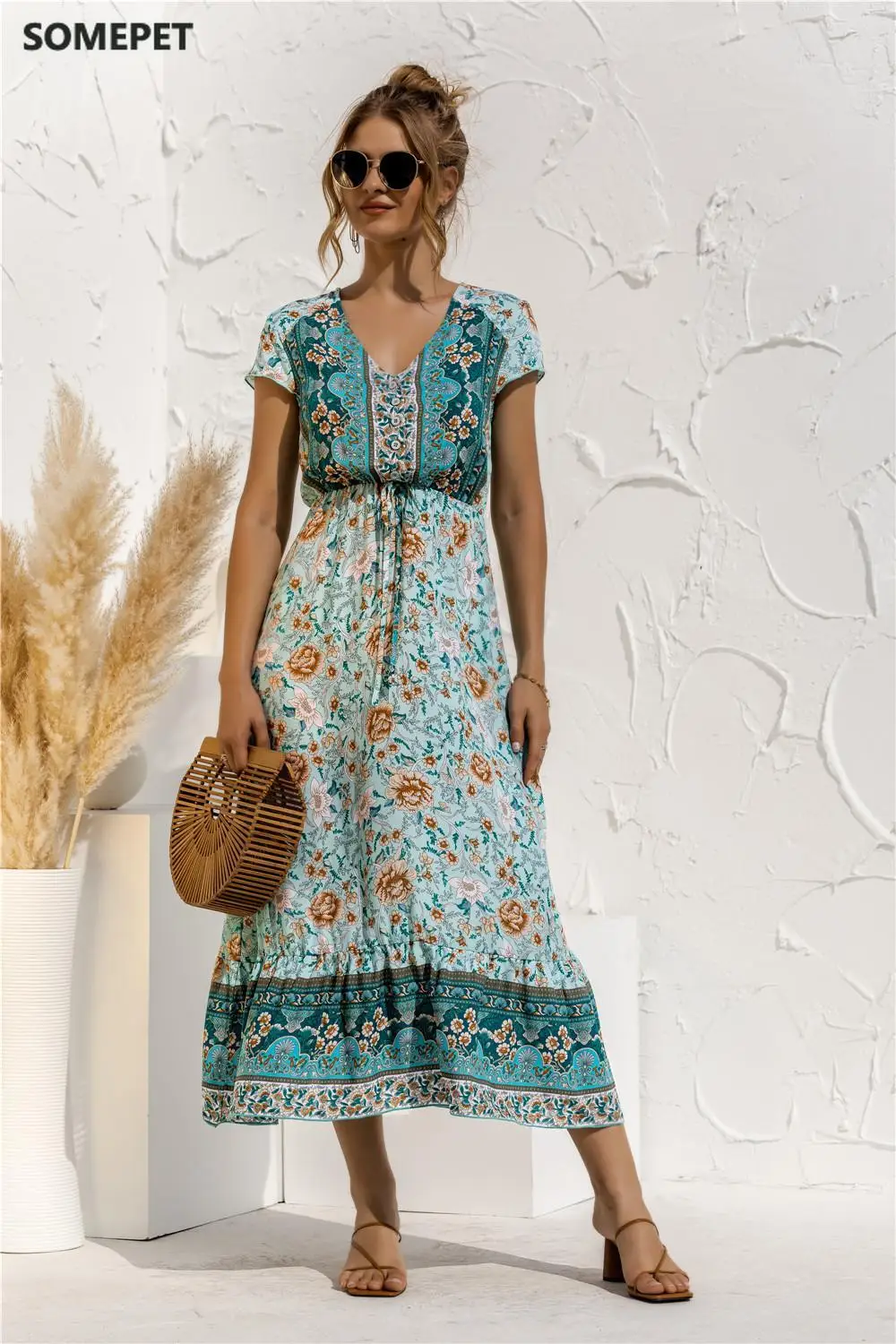 

Cotton Women Summer Boho Dress Bohemian Maxi Casual V-neck Short Sleeve Button Floral Print Long Beach Dress Vestidos