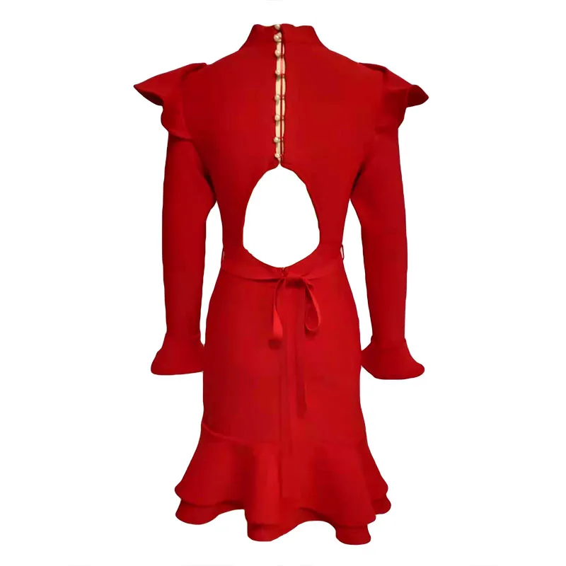 

Fashion Women Sexy Long Sleeve Bandage Dress 2021 New Arrival Long Sleeve Backless Buttons Bodycon Celebrity Runway Party Dress