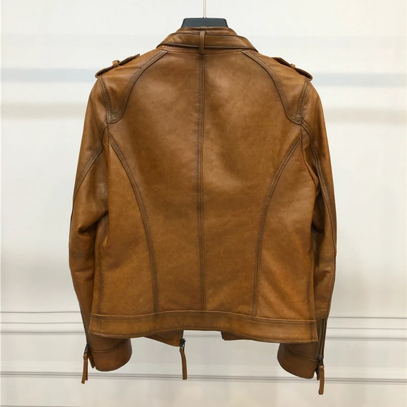 JAZZEVAR 2023 New High Fashion Street Women Real Sheep Skin Leather Jacket Oil wax color Genuine Leather short Motorcycle Jacket