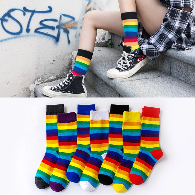 3Pairs/lot=6Pieces Autumn Winter Long Socks Fashion Womens Rainbow Stripes Sports College Wind Female Casual | Женская одежда