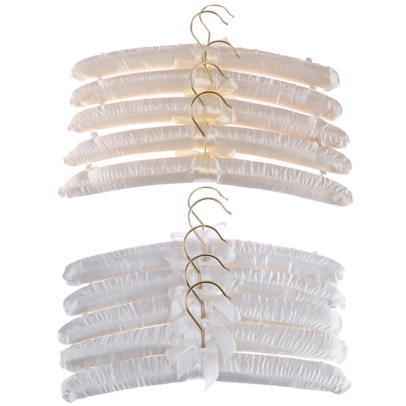 

5Pcs 38cm Beige/ White Satin Padded Top Hangers Clothes Coat Top Grade Hanger Gold Hook