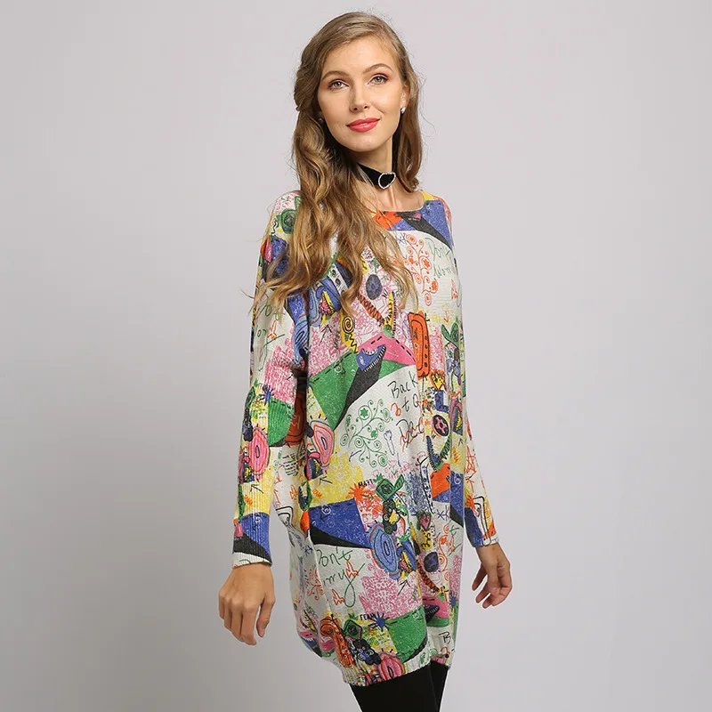 Женское платье-свитер с принтом граффити длинные пуловеры рукавами летучая мышь