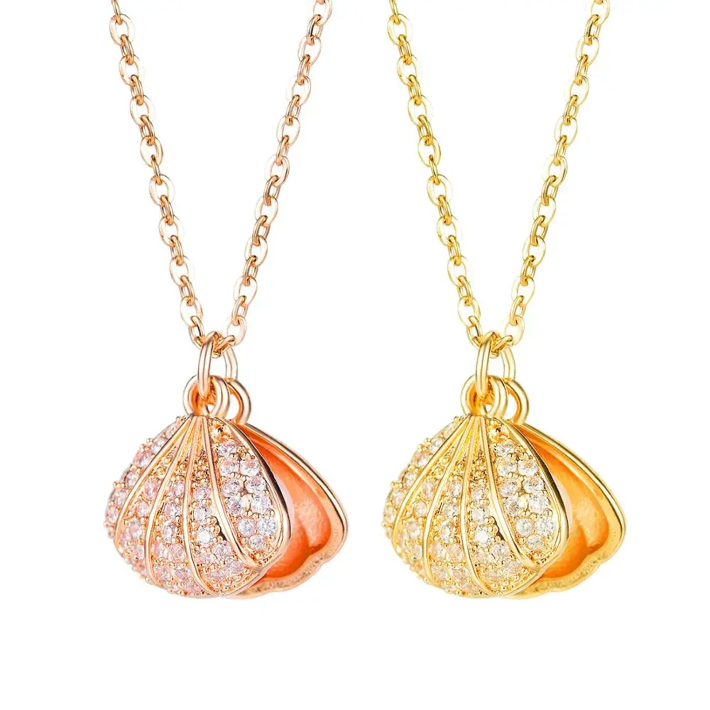 

Copper Clay CZ Crystal AAA Zircon Rose Gold Color Choker Necklace Sea Shell with Pearl Pendant Chain Necklace For Women Girls