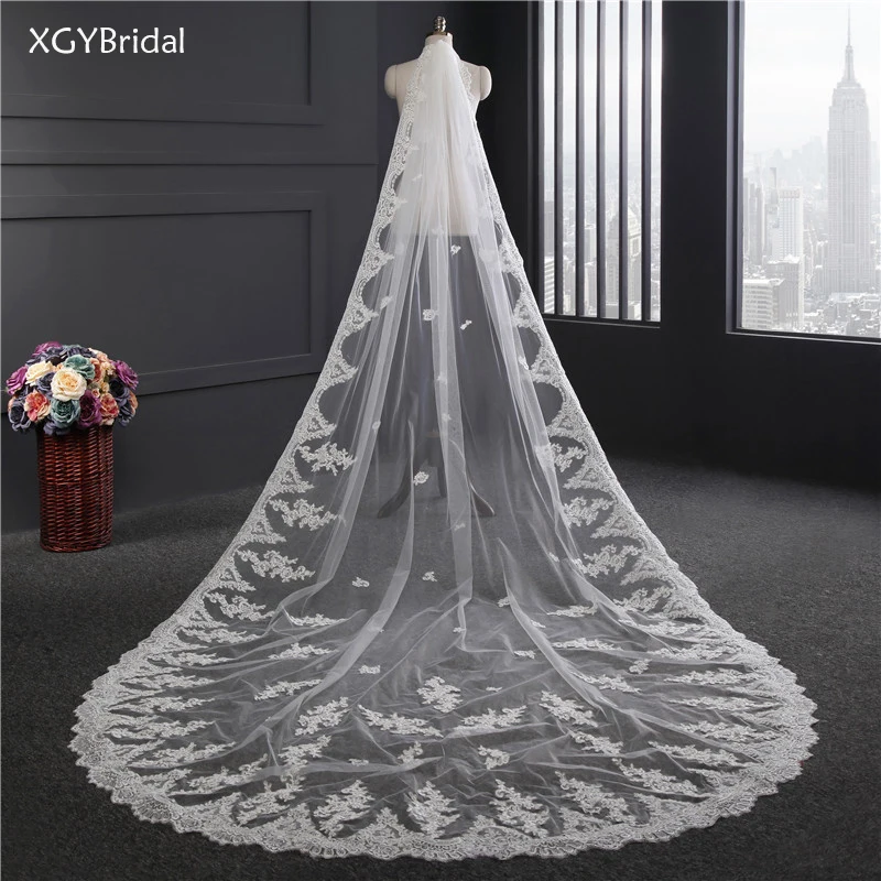 

New Arrival Lace Appliques Cathedral Wedding Veils Long White Ivory 3.5 Meters Bride Veil Wedding Accessories Voile Mariage