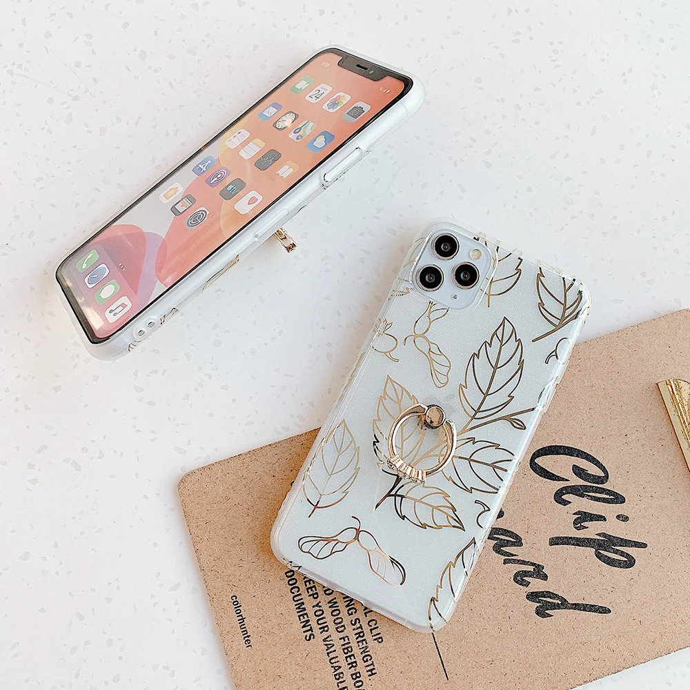 Позолоченный чехол для телефона с кленовым кольцом и подставкой iPhone 11 Pro Max XR XS 7 8