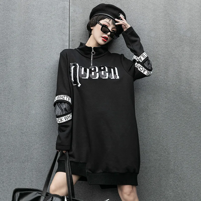 Max LuLu Korean Fashion Style Women Punk Sequins Dresses Ladies Loose Black Warm Winter Dress Casual Printed Turtleneck Vestidos | Женская
