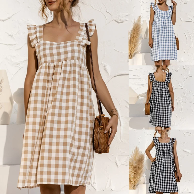 

Women Vintage Square Collar Plaid Print Loose Dress Summer Casual Sleeveless Ruffles Sexy Backless Dress