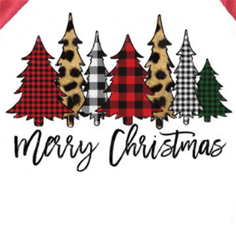 

Merry Christmas Letter Print Women T shirt Cute Leopard Plaid Xmas Trees Graphic Tshirt Raglan Sleeve Harajuku Vintage T-shirt
