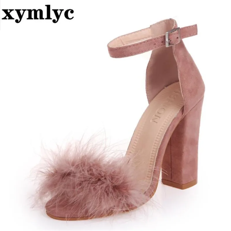 Босоножки женские на высоком блочном каблуке меховые сандалии платформе с