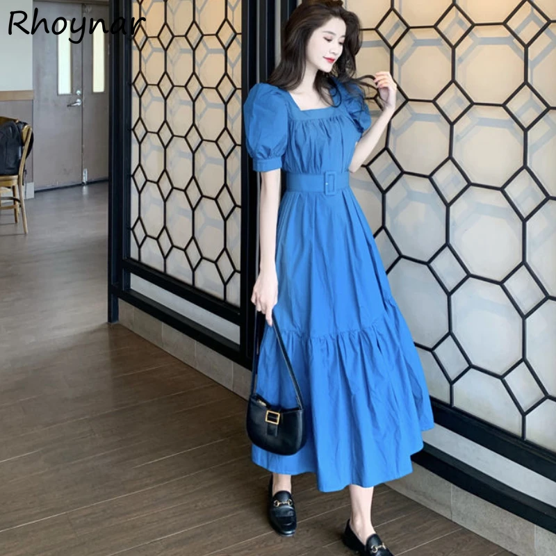 

Платье женское летнее однотонное элегантное милое мягкое с пышными рукавами Новинка женское повседневное простое нежное платье с квадратн...