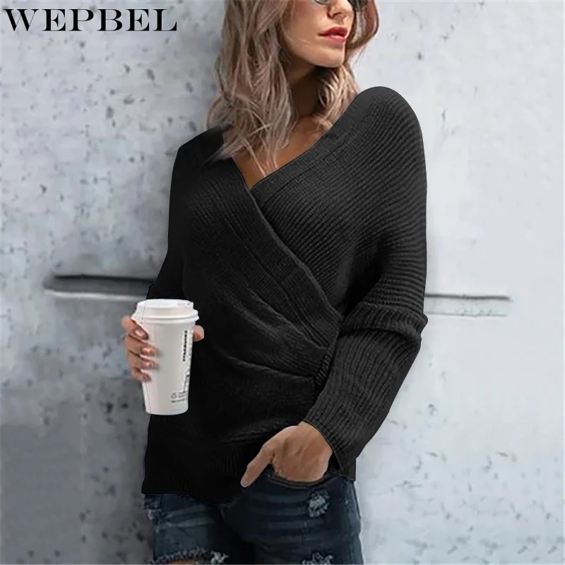 

WEPBEL Sweater Autumn Winter Fashion Solid Color Slim Fit Patchwork Sweater Women's Casual Long Sleeve V-neck Pullover Sweater