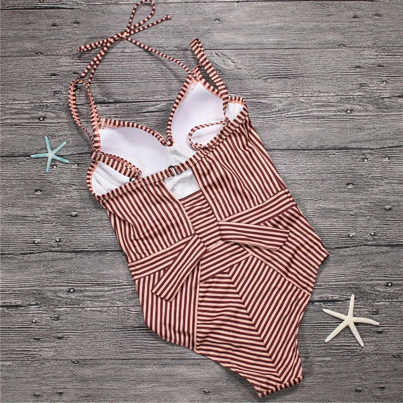 Женский слитный купальник пляжная одежда в полоску с открытой спиной для купания