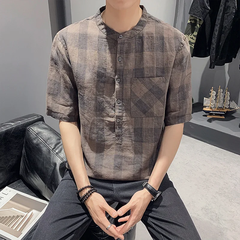 

QIWN Linen Shirt Men's Thin Short-sleeved Summer 2021 New Plaid Shirt Korean Trend Handsome Casual Top Hemp Shirt