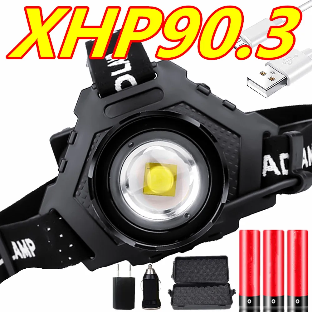 

Самый мощный светодиодный налобный фонарь XHP90.3 80000LM, Перезаряжаемый USB светильник, водонепроницаемый рыболовный светильник Zooma, аккумулятор...