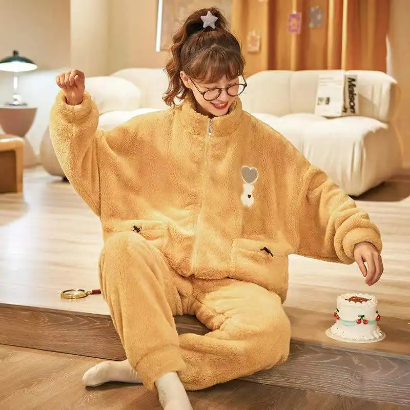 Flannel Winter Pajamas Set Women 2 Pieces/Sets Coral Fleece Thick Warm Long-Sleeved Trousers Pyjamas Casual Homewear Night