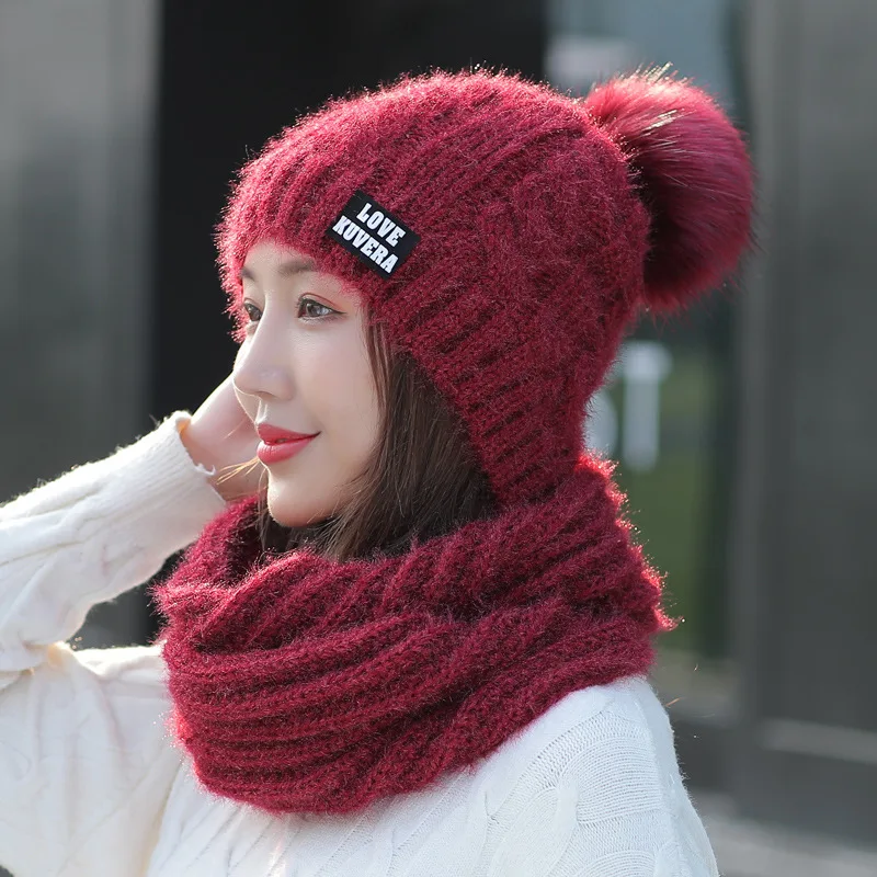 

Шапка и шарф, Женский комплект из 2 предметов, зимняя вязаная шапка из смесовой шерсти, теплые шапки с толстыми ушками, лыжная шапка, 2020