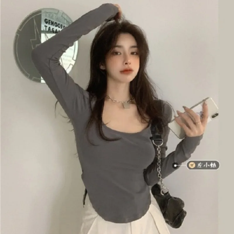 

ZOGAA T-shirts Women U-neck Long-sleeved Bottoming Shirt Korean Style Irregular Slim Casual Tops Trend Thin All-match Daily Girl