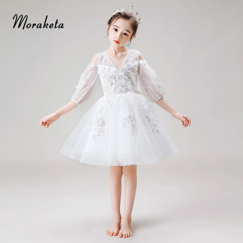 

V-neck Shoulder Straps Off The Shoulder Flower Girl Dresses 2020 Luxury Appliques Knee Length Gril Princess Dress For Wedding
