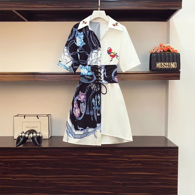 

chic high waist shirt dress 2021 summer new casual waist chiffon bird embroidered irregular short sleeved dress women clothing
