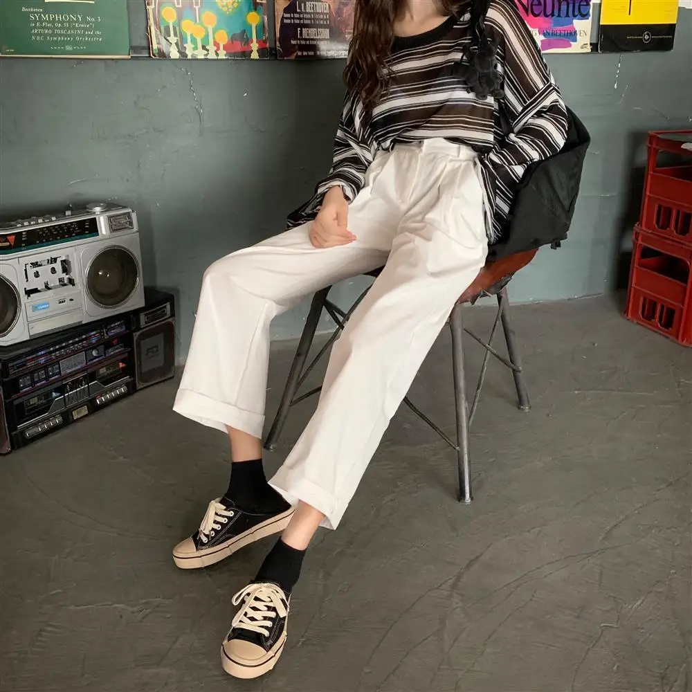 Широкие повседневные брюки женские с высокой талией простые однотонные белые