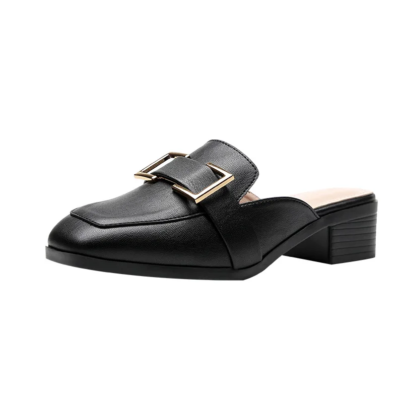 

Square Toe Mules Women Metal Decoration Chunky Heels Slippers Patchwork Leather Shoes Shallow Slides Black Apricot Zapatos Mujer