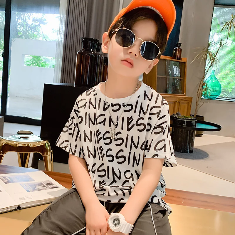 

Fashion Teen Boys Tshirt Letter Print Loose T-shirt 6 7 8 10 12 13 Years Kids White Clothes Children Short-sleeve Tops
