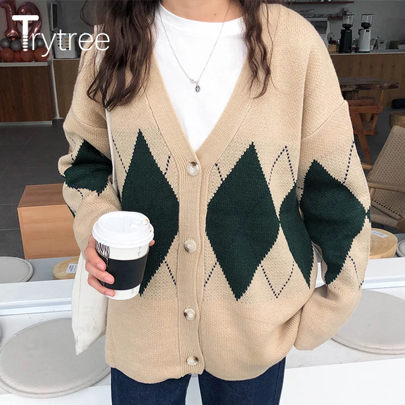 Trytree 2019AW Women Casual Sweater V-Neck Cardigans Single Breasted Computer Knitted Acrylic Long Sleeve Loose Tops |